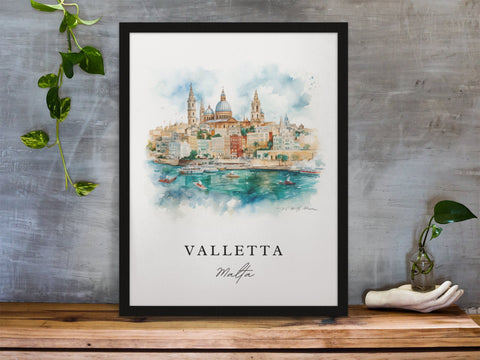 Valletta traditional travel art - Malta, Valletta poster, Wedding gift, Birthday present, Custom Text, Personalised Gift
