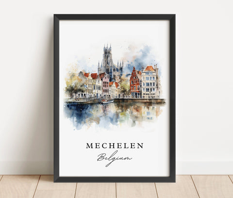 Mechelen traditional travel art - Belgium, Mechelen poster, Wedding gift, Birthday present, Custom Text, Personalized Gift