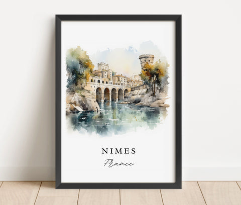 Nimes traditional travel art - France, Nimes poster, Wedding gift, Birthday present, Custom Text, Personalized Gift