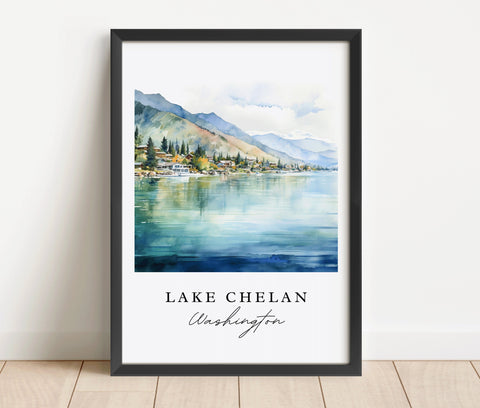 Lake Chelan traditional travel art - Washington, Lake Chelan poster, Wedding gift, Birthday present, Custom Text, Personalized Gift