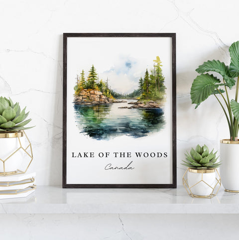 Lake of the Woods traditional travel art - Ontario Canada, Lake of the Woods print, Wedding gift, Birthday present, Custom Text Option