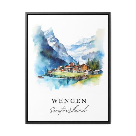 Wengen traditional travel art - Switzerland, Wengen poster print, Wedding gift, Birthday present, Custom Text, Perfect Gift