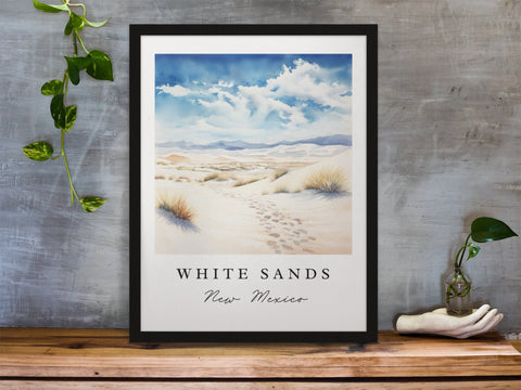 White Sands traditional travel art - New Mexico, White Sands print, Wedding gift, Birthday present, Custom Text, Perfect Gift, Las Cruces NM