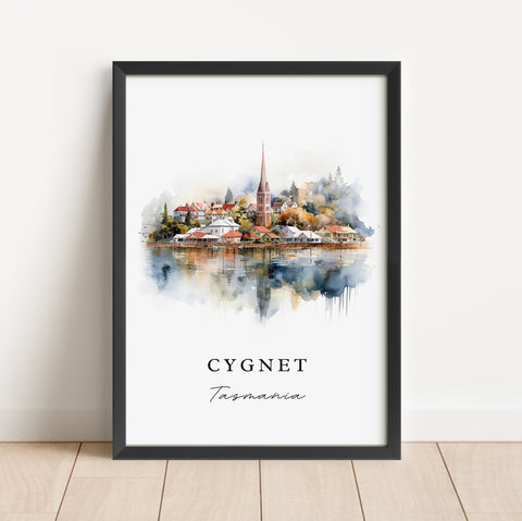 Cygnet traditional travel art - Tasmania Australia, Cygnet poster print, Wedding gift, Birthday present, Custom Text, Perfect Gift