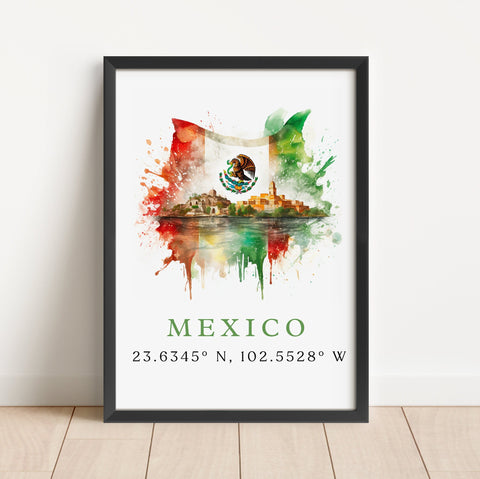 Mexico wall art - Mexico poster print with coordinates, Framed and Unframed Options - Wedding gift, Birthday present, Custom Text