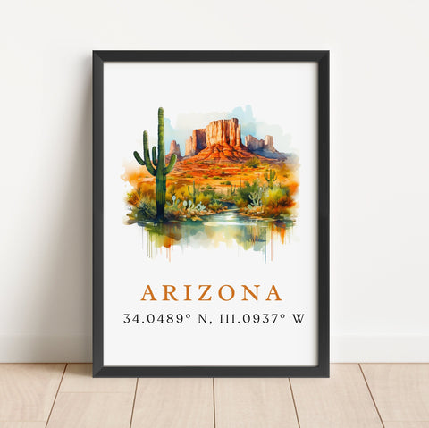 Arizona wall art - Arizona poster print with coordinates, Framed and Unframed Options - Wedding gift, Birthday present, Custom Text