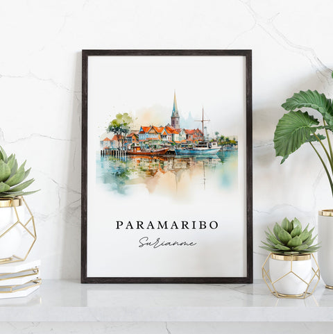 Paramaribo traditional travel art - Suriname, Paramaribo poster print, Wedding gift, Birthday present, Custom Text, Perfect Gift
