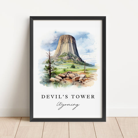 Devils Tower traditional travel art - Wyoming, Devil's Tower poster print, Wedding gift, Birthday present, Custom Text, Perfect Gift