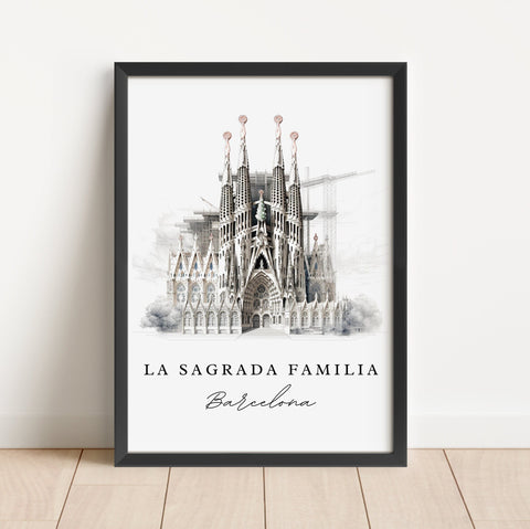 La Sagrada Familia traditional travel art - Sagrada Familia, Barcelona poster print, Wedding gift, Birthday present, Custom Text Available