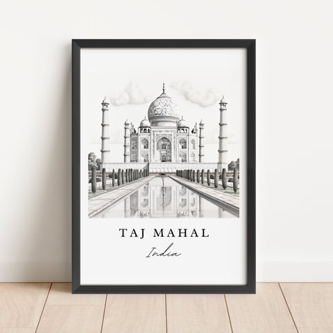 Taj Mahal Pencil Sketch art - India, The Taj Mahal poster print, Wedding gift, Birthday present, Custom Text, Perfect Gift