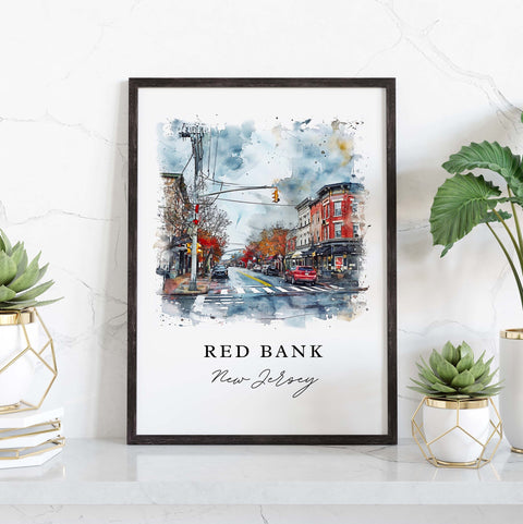 Red Bank traditional travel art - New Jersey, Red Bank print, Wedding gift, Birthday present, Custom Text, Perfect Gift