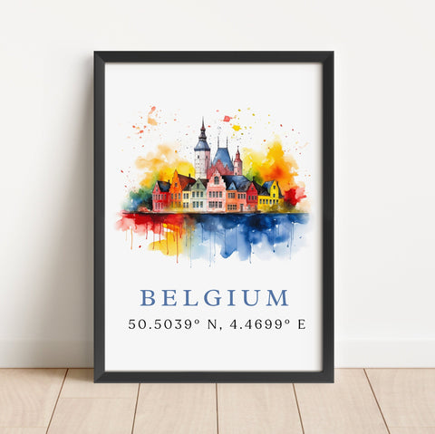 Belgium wall art - Belgium poster print with coordinates, Framed and Unframed Options - Wedding gift, Birthday present, Custom Text