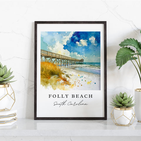 Folly Beach traditional travel art - South Carolina, Folly Beach print, Wedding gift, Birthday present, Custom Text, Perfect Gift