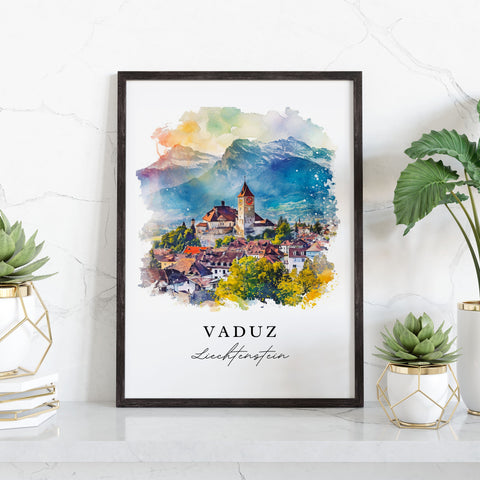 Vaduz watercolor travel art - Liechtenstein, Vaduz print, Wedding gift, Birthday present, Custom Text, Perfect Gift