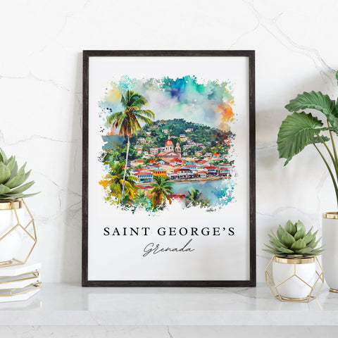 Saint George's Grenada watercolor travel art - Grenada, St. George's print, Wedding gift, Birthday present, Custom Text, Perfect Gift