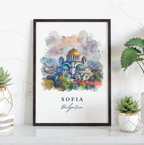Sofia watercolor travel art - Bulgaria, Sofia print, Wedding gift, Birthday present, Custom Text, Perfect Gift