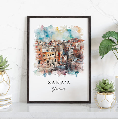 Sana'a watercolor travel art - Yemen, Sana'a print, Wedding gift, Birthday present, Custom Text, Perfect Gift