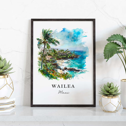 Wailea traditional travel art - Maui Hawaii, Wailea print, Wedding gift, Birthday present, Custom Text, Perfect Gift