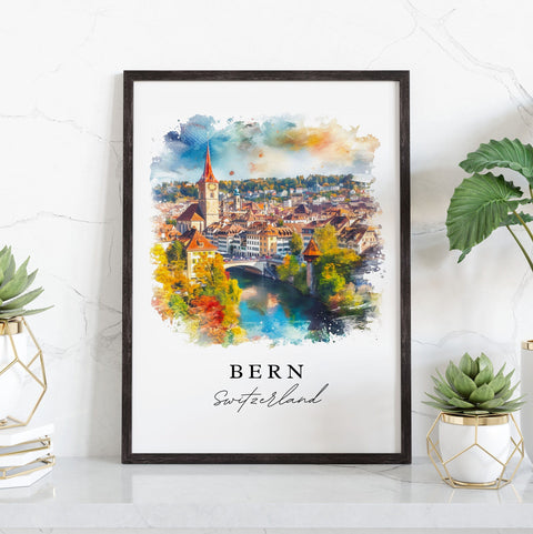 Bern watercolor travel art - Swiss Art, Bern print, Wedding gift, Birthday present, Custom Text, Perfect Gift