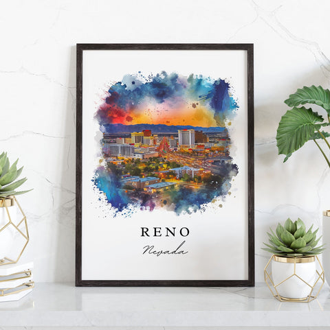 Reno watercolor travel art - Nevada, Reno print, Wedding gift, Birthday present, Custom Text, Perfect Gift