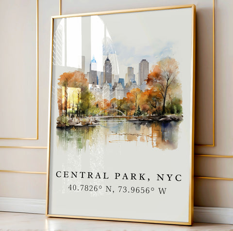 Central Park NYC traditional travel art - New York City, Central Park poster, Wedding gift, Birthday present, Custom Text, Personalised Gift
