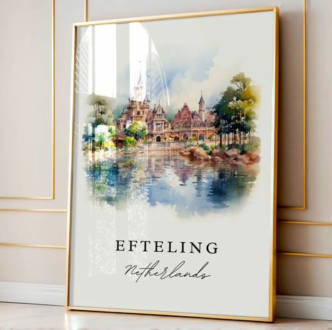 Efteling traditional travel art - Netherlands, Efteling poster print, Wedding gift, Birthday present, Custom Text, Perfect Gift