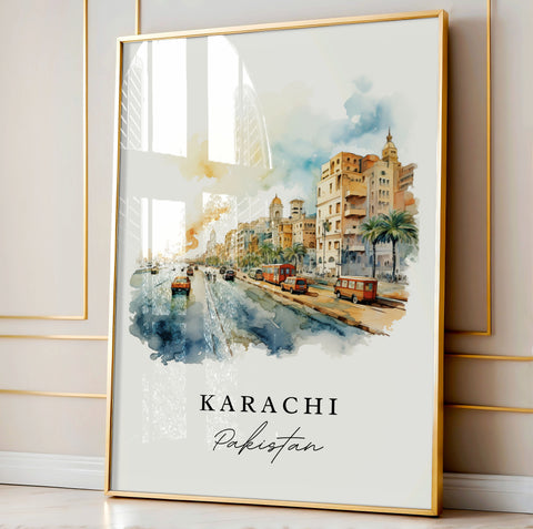 Karachi traditional travel art - Pakistan, Karachi poster, Wedding gift, Birthday present, Custom Text, Personalized Gift