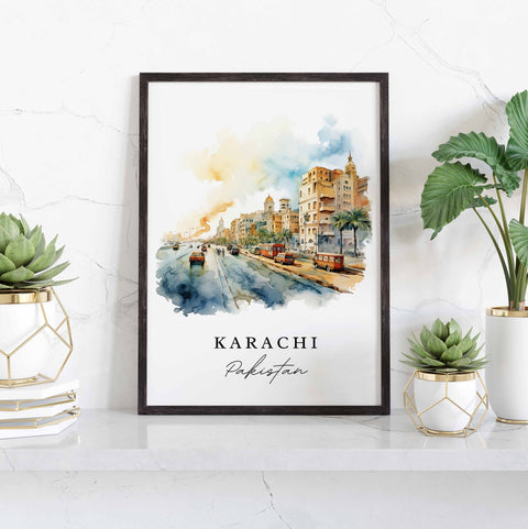 Karachi traditional travel art - Pakistan, Karachi poster, Wedding gift, Birthday present, Custom Text, Personalized Gift