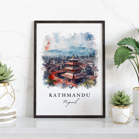 Kathmandu watercolor travel art - Nepal, Kathmandu print, Wedding gift, Birthday present, Custom Text, Perfect Gift