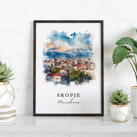 Skopje watercolor travel art - Macedonia, Skopje print, Wedding gift, Birthday present, Custom Text, Perfect Gift