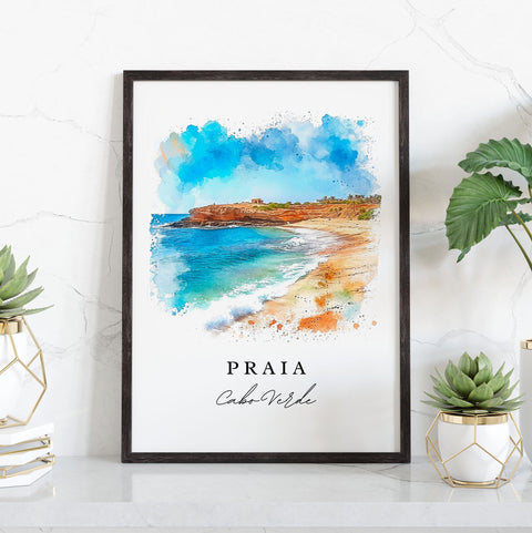 Praia watercolor travel art - Cabo Verde, Praia print, Wedding gift, Birthday present, Custom Text, Perfect Gift