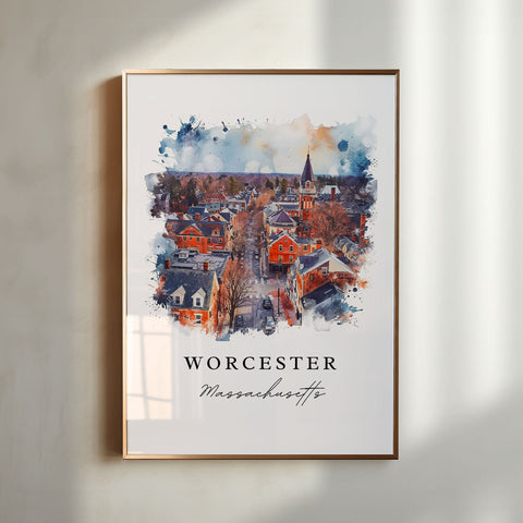 Worcester watercolor travel art - Massachusetts, Worcester print, Wedding gift, Birthday present, Custom Text, Perfect Gift