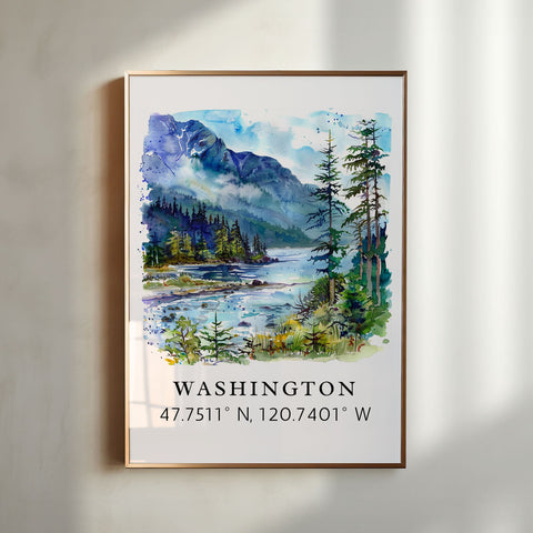 Washington art - Washington print with coordinates, Framed and Unframed Options - Wedding gift, Birthday present, Personalization Available