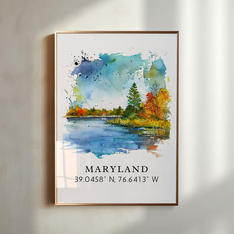 Maryland wall art - Maryland print with coordinates, Framed and Unframed Options - Wedding gift, Birthday present, Personalization Available