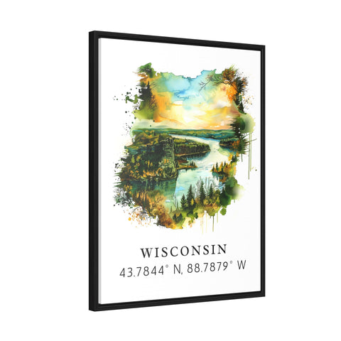 Wisconsin art - Wisconsin print with coordinates, Framed and Unframed Options - Wedding gift, Birthday present, Personalization Available