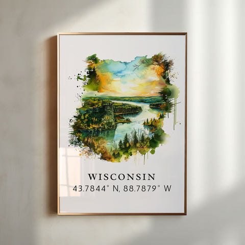 Wisconsin art - Wisconsin print with coordinates, Framed and Unframed Options - Wedding gift, Birthday present, Personalization Available