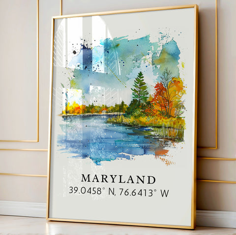 Maryland wall art - Maryland print with coordinates, Framed and Unframed Options - Wedding gift, Birthday present, Personalization Available