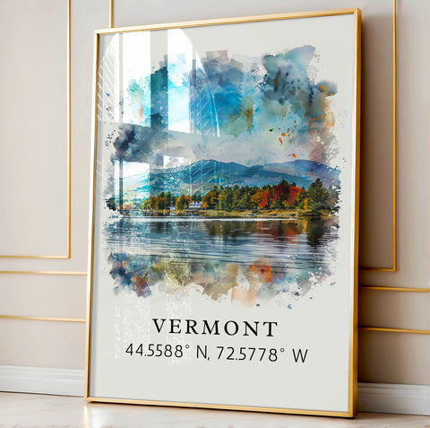 Vermont wall art - Vermont print with coordinates, Framed and Unframed Options - Wedding gift, Birthday present, Personalization Available